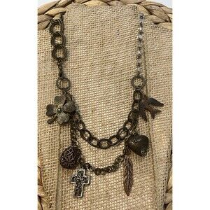 Multi Tone Heart Shamrock Bird Leaf Multi Charm Statement Necklace Steampunk